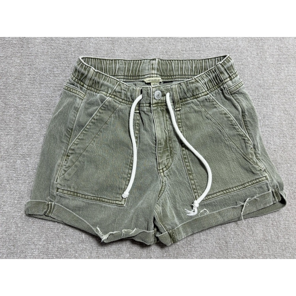 American Eagle Shorts Womens 2 Green Stretch Drawstring Casual Distressed Denim